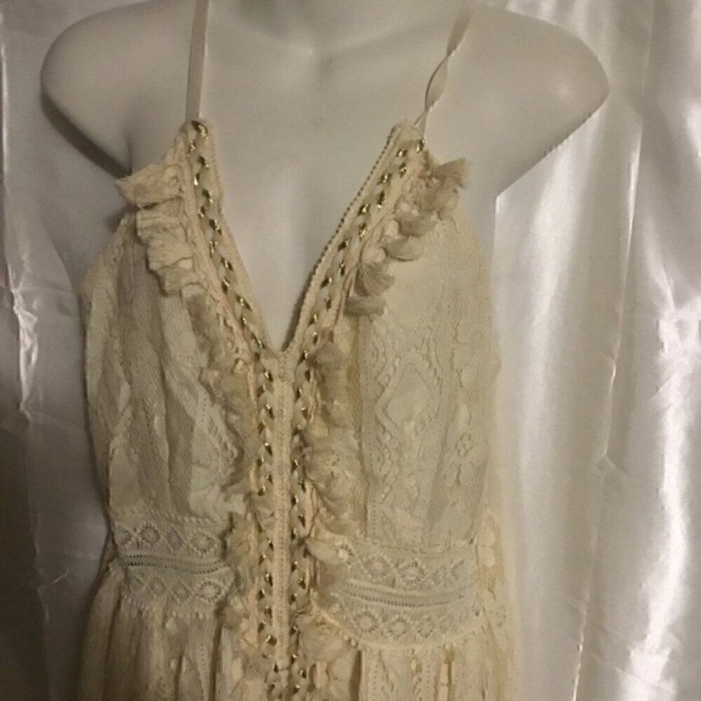 Women's Lace Hollow Out Tassel Trim V Neck Bohemian Maxi Dress L - Picture 11 of 15
